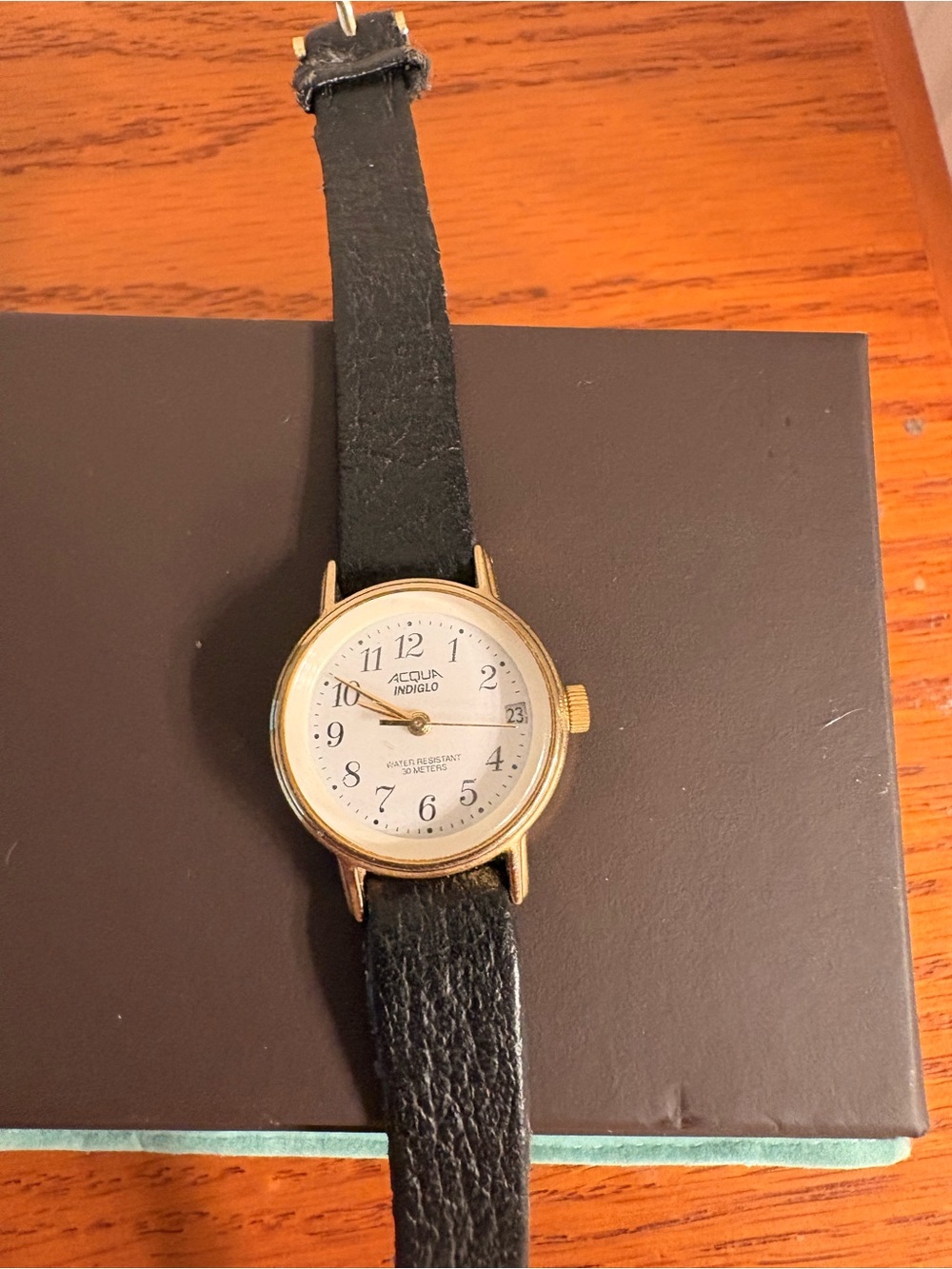 ACQUA INDIGLO Gold Tone Round Watch with Black Leather Strap